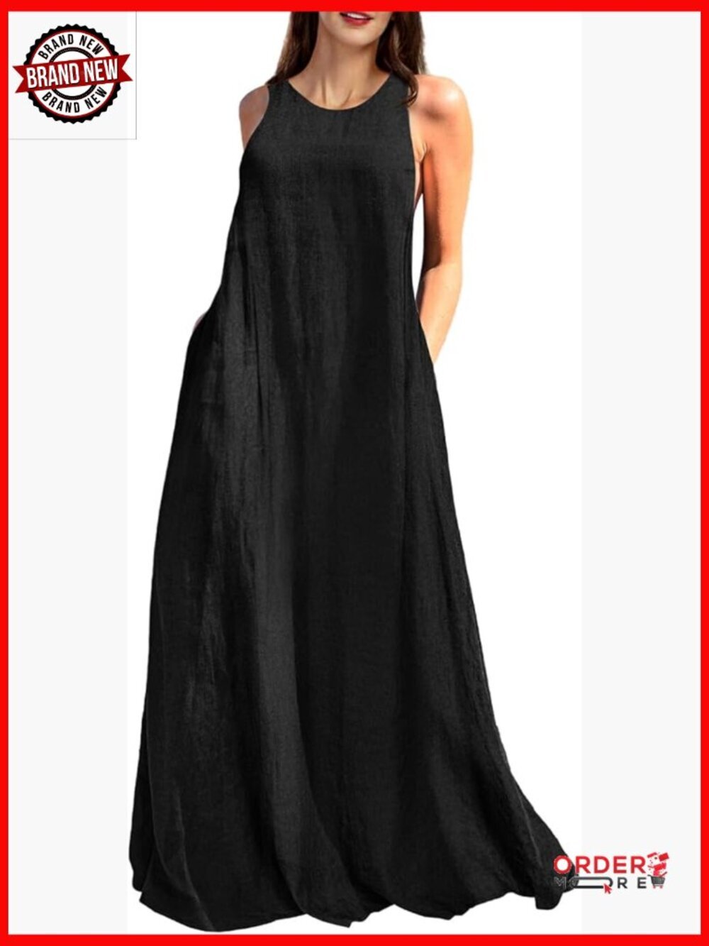 Linen Maxi Dress with Pockets Sleeveless Loose Fit